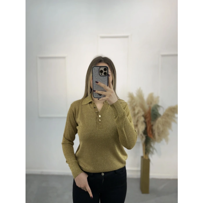Lori Gold Düğmeli Simli Polo Yaka Triko Kazak