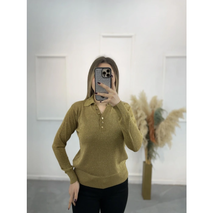 Lori Gold Düğmeli Simli Polo Yaka Triko Kazak