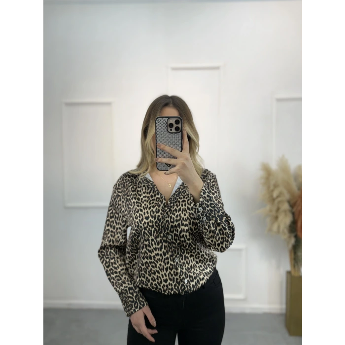 Newwa Pamuk Saten Leopar Gömlek