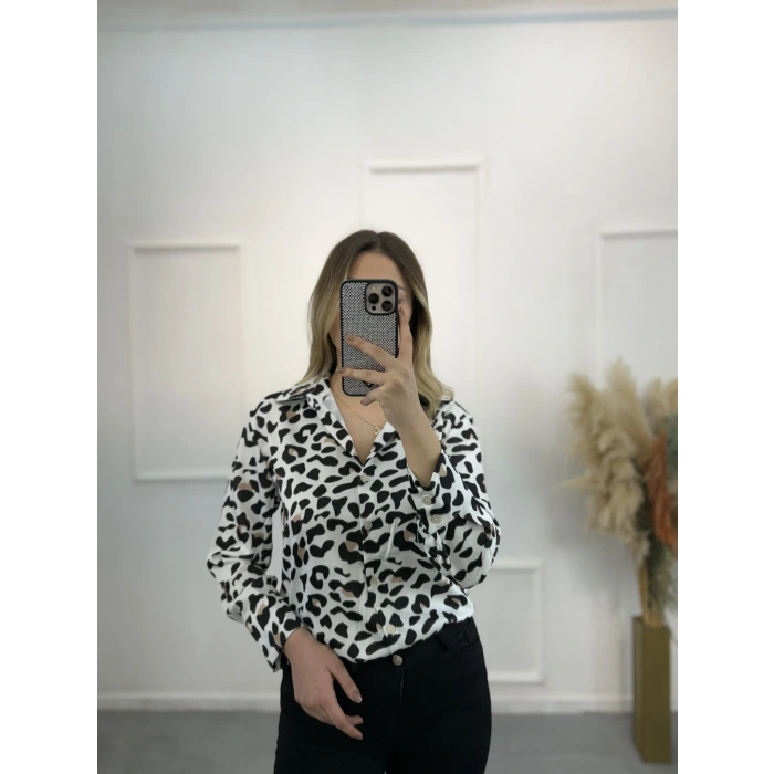 Newwa Pamuk Saten Leopar Gömlek