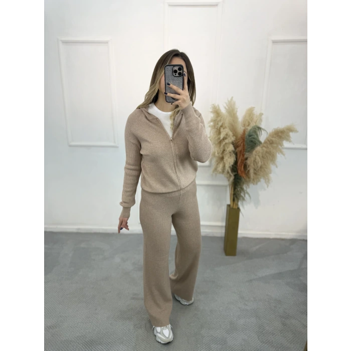 Oxter Fermuarl Kapişonlu Triko İkili Takım