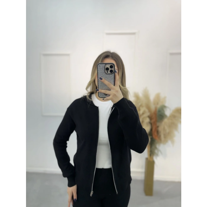 Oxter Fermuarl Kapişonlu Triko İkili Takım