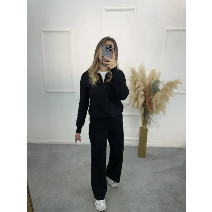 Oxter Fermuarl Kapişonlu Triko İkili Takım