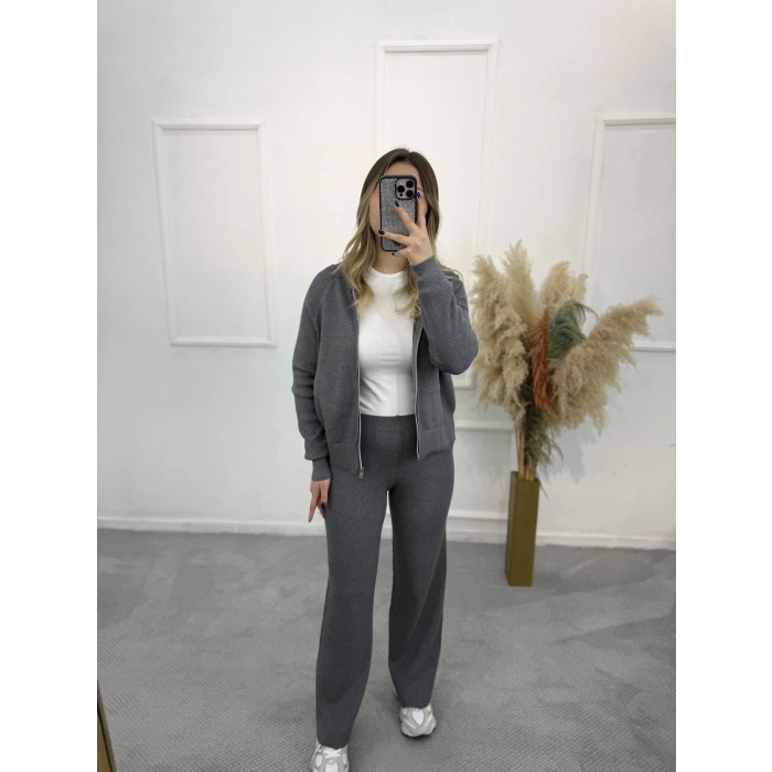 Oxter Fermuarl Kapişonlu Triko İkili Takım