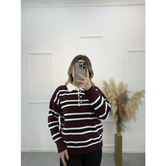 Polo Yaka Çizgili Triko Kazak