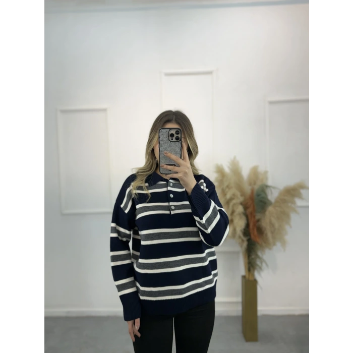 Polo Yaka Çizgili Triko Kazak