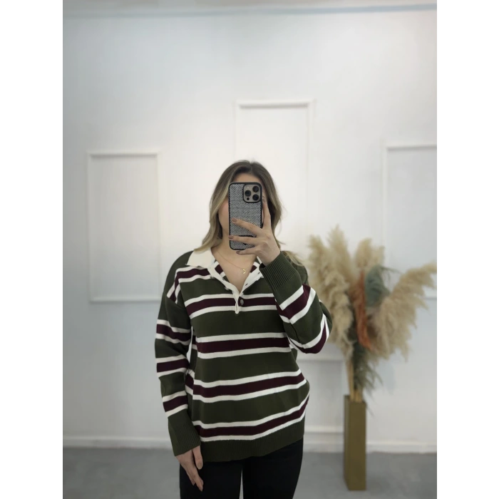 Polo Yaka Çizgili Triko Kazak