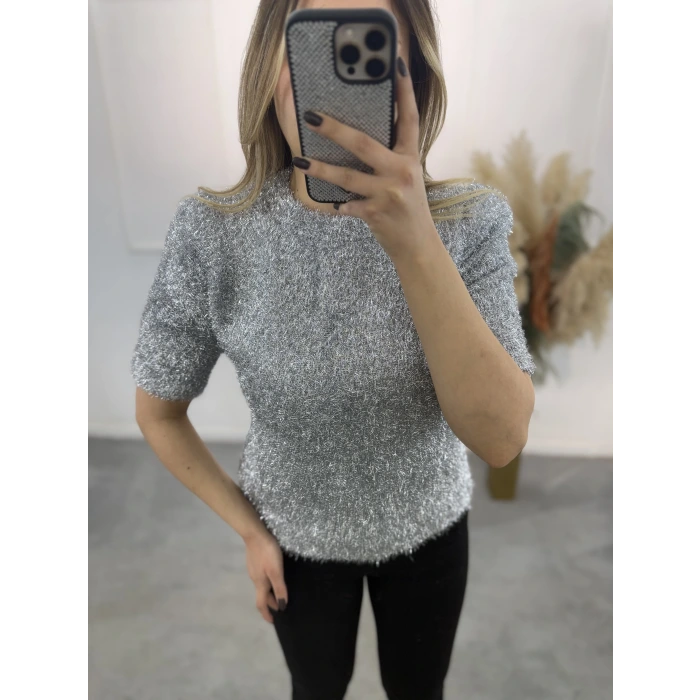 Simli Angora Kısa Kol Kazak