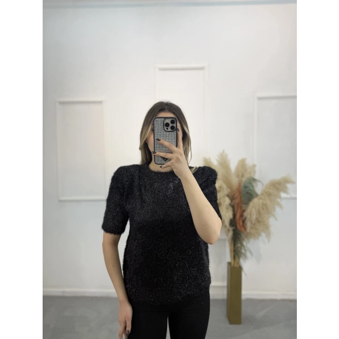 Simli Angora Kısa Kol Kazak