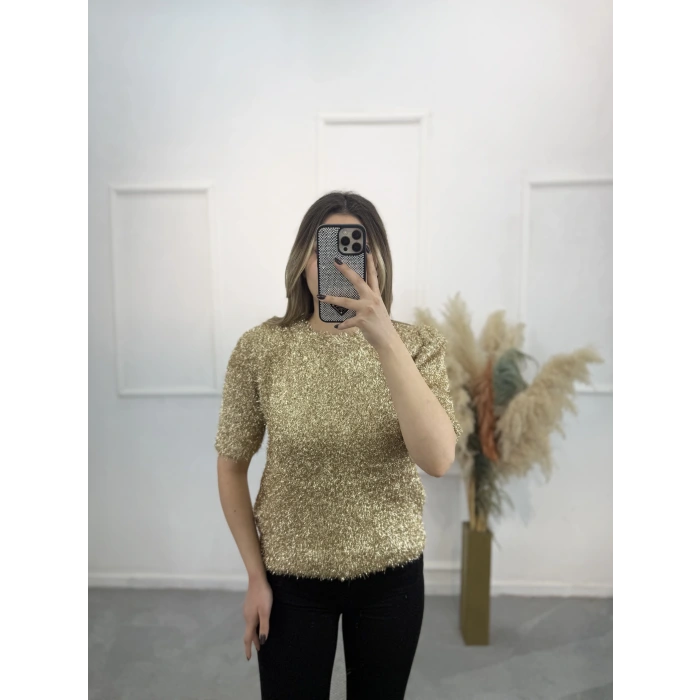 Simli Angora Kısa Kol Kazak