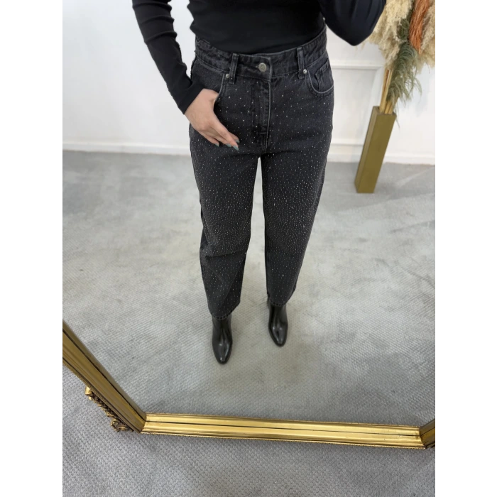 Skater Taşlı Likrasız Mom Jean