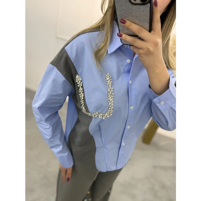 Triko Poplin Taş Detaylı Gömlek