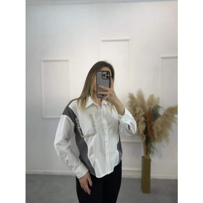 Triko Poplin Taş Detaylı Gömlek