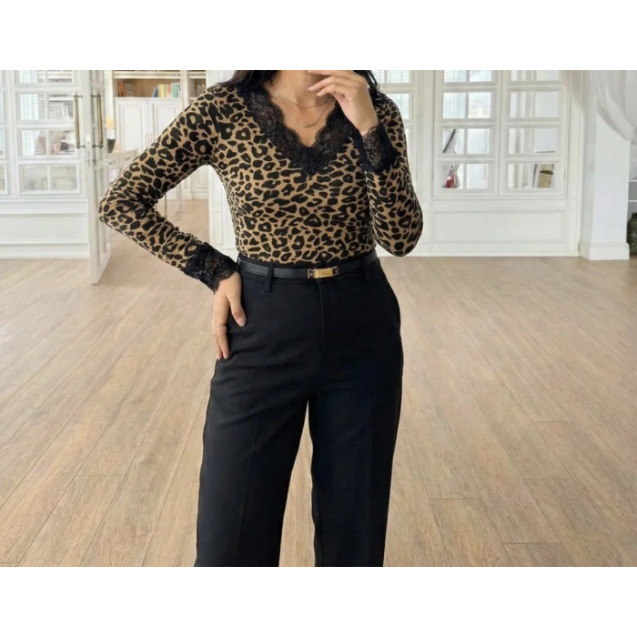 V Yaka Dantelli Leopar Bluz