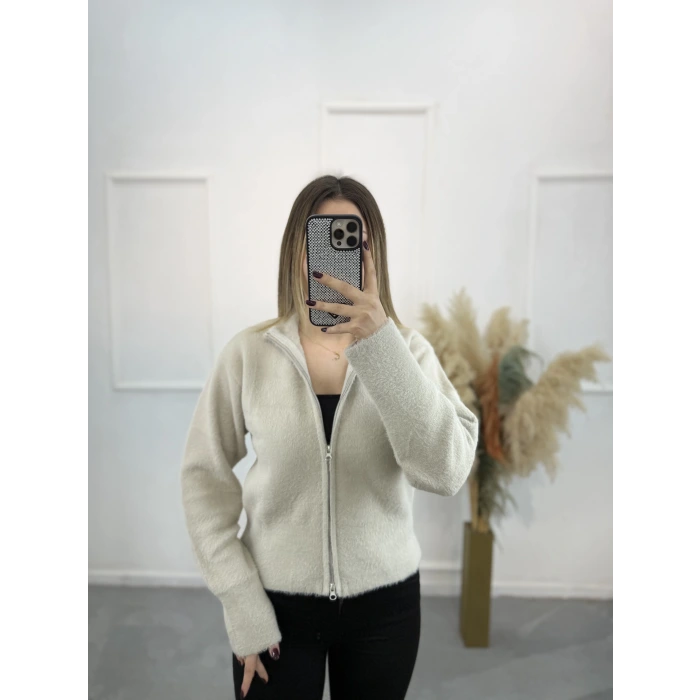 Vinta Çift Fermuarlı Tüylü Hırka