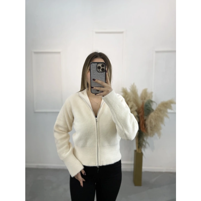 Vinta Çift Fermuarlı Tüylü Hırka