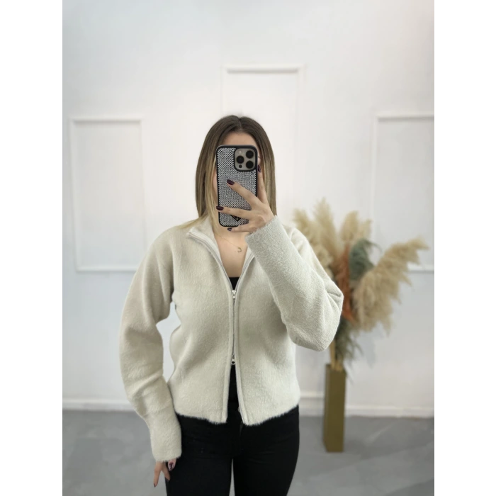 Vinta Çift Fermuarlı Tüylü Hırka