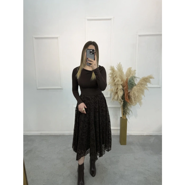 Zirov Dal Desenli Asimetrik Etek