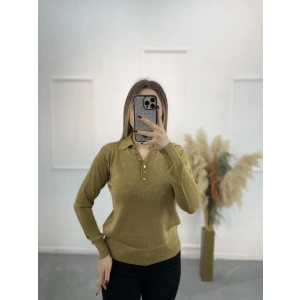 Lori Gold Düğmeli Simli Polo Yaka Triko Kazak