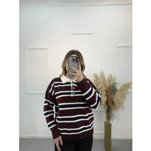 Polo Yaka Çizgili Triko Kazak