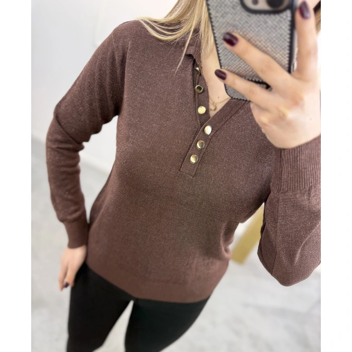 Lori Gold Düğmeli Simli Polo Yaka Triko Kazak