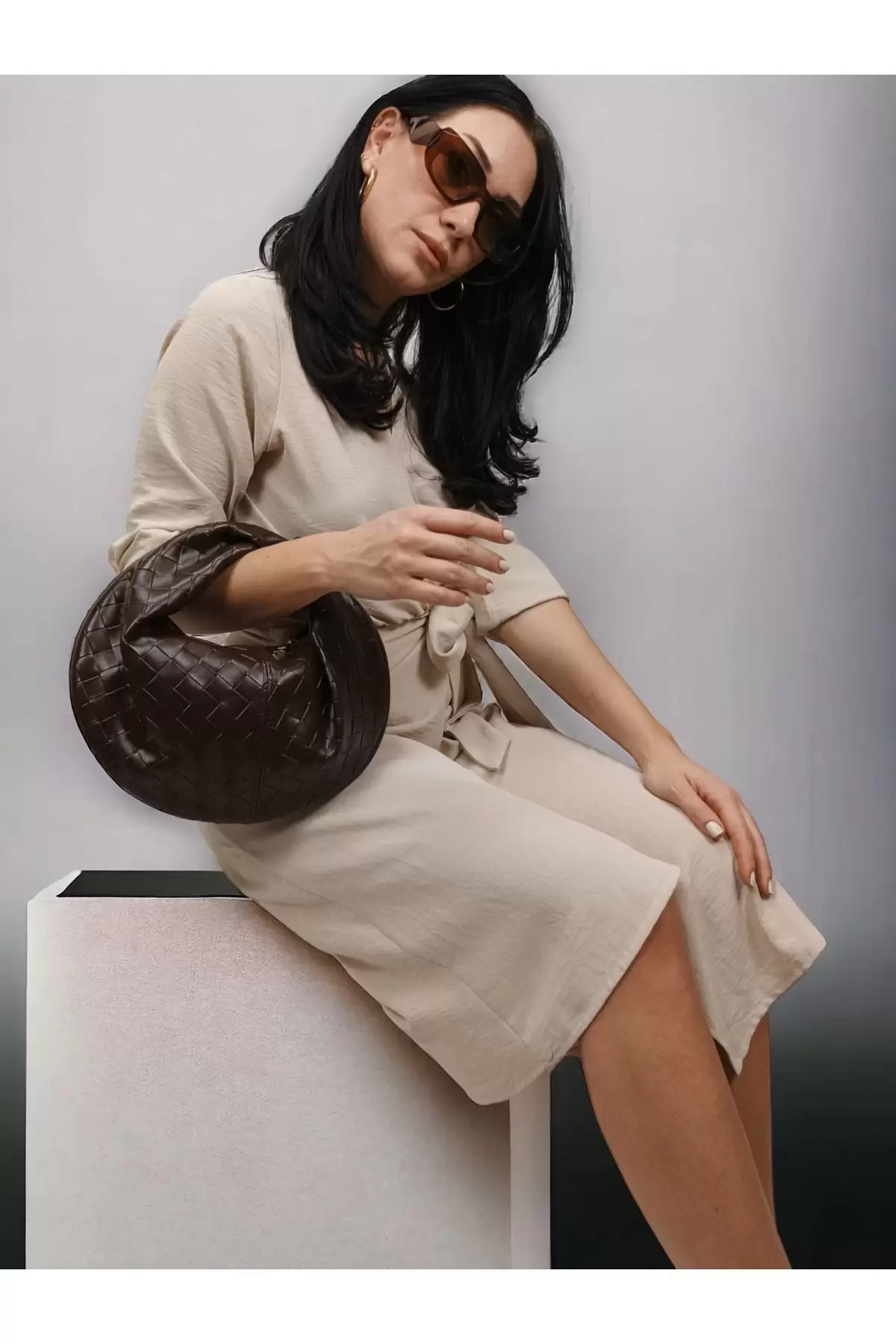 Helen Knotted Bitter Brown Knitted Pattern Trend Mini Womens Bowl Bag