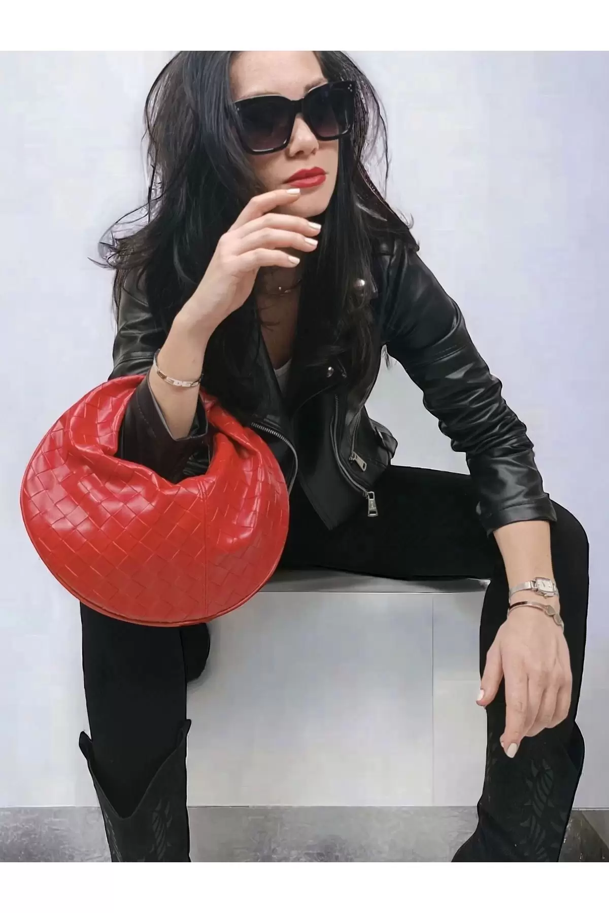 Helen Knotted Red Knitted Pattern Trend Mini Bowl Bag