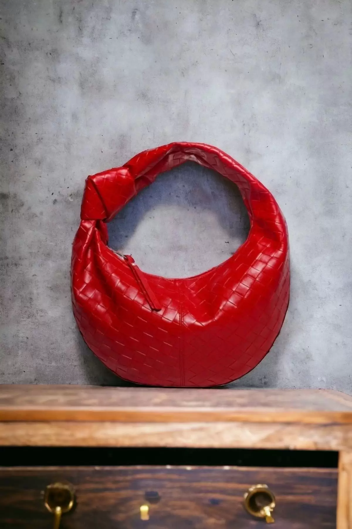Helen Knotted Red Knitted Pattern Trend Mini Bowl Bag