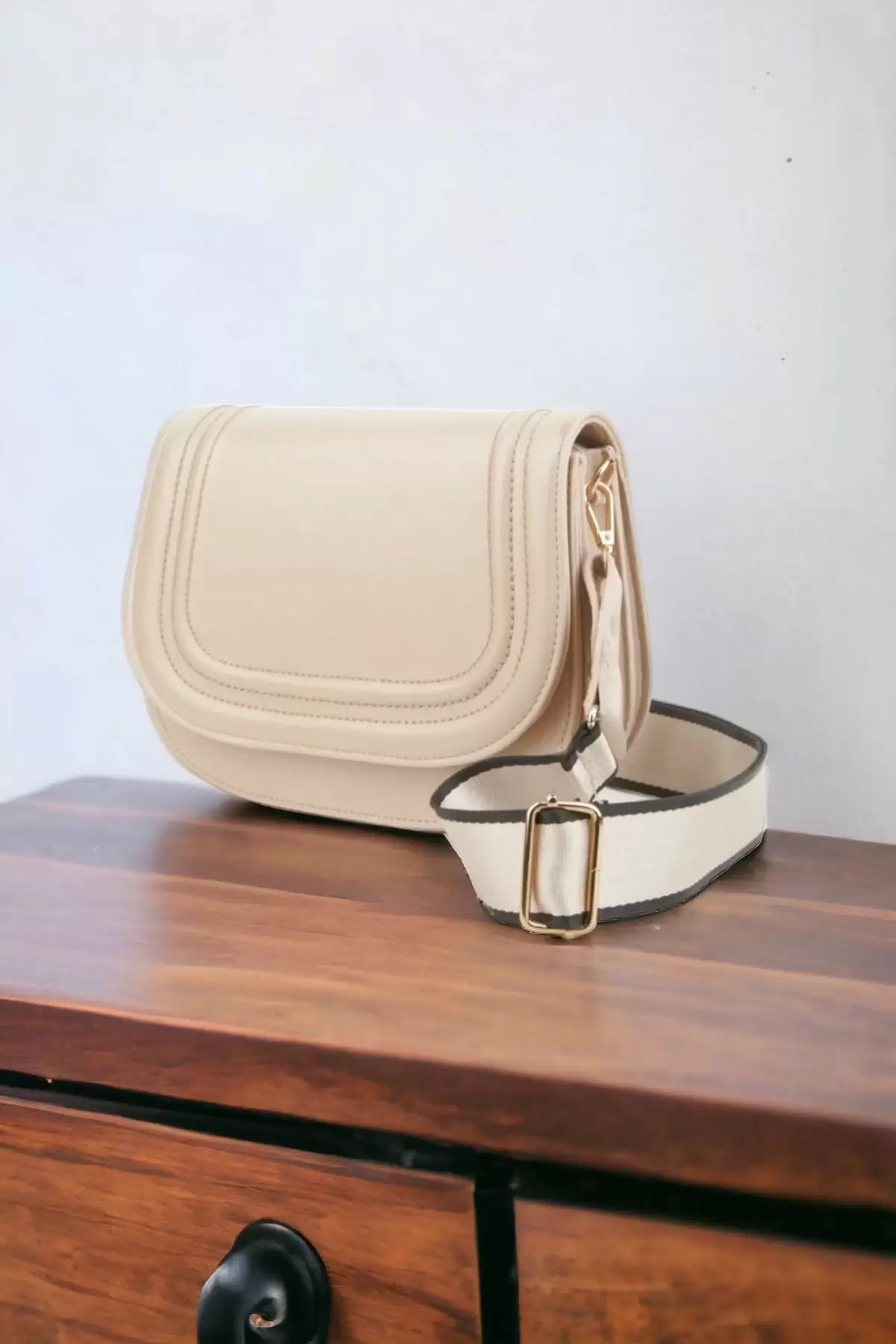 Hola Mink Skin Canvas Stripe Strap Womens Trendy Shoulder Bag