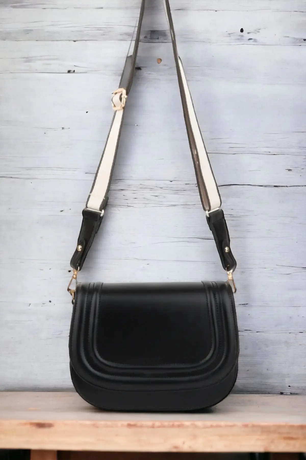 Hola Black Skin Canvas Stripe Strap Womens Trend Shoulder Bag
