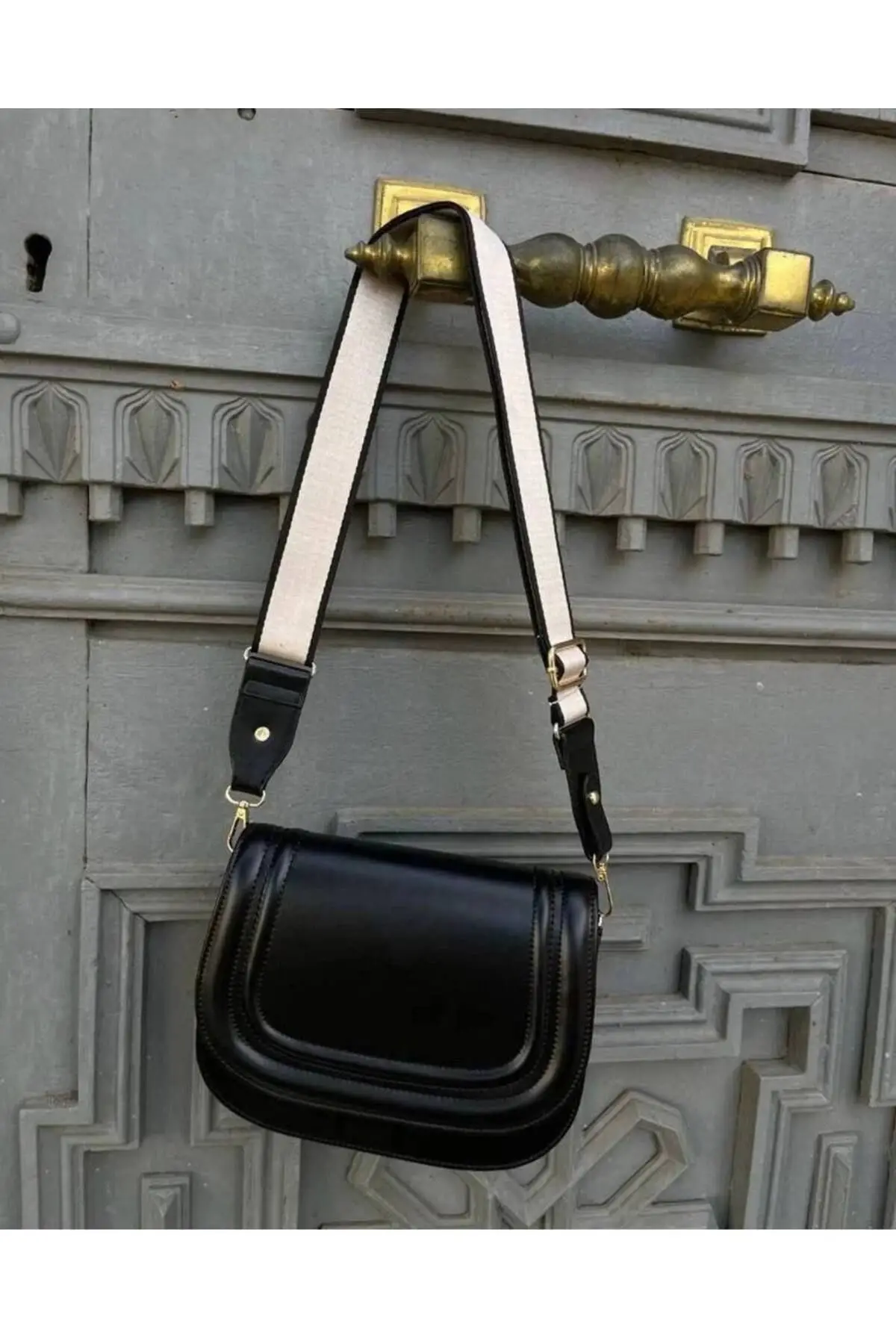 Hola Black Skin Canvas Stripe Strap Womens Trend Shoulder Bag
