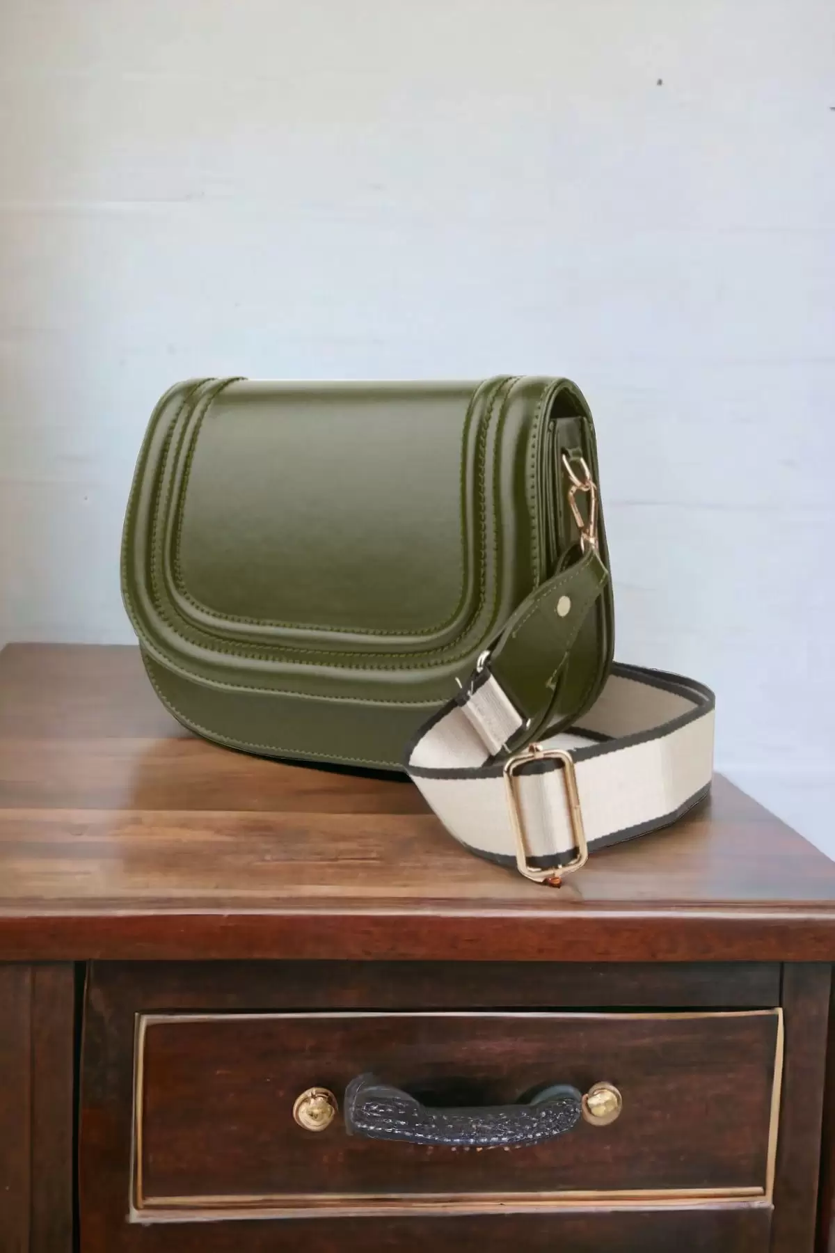 Hola Khaki Skin Canvas Stripe Strap Womens Trendy Shoulder Bag