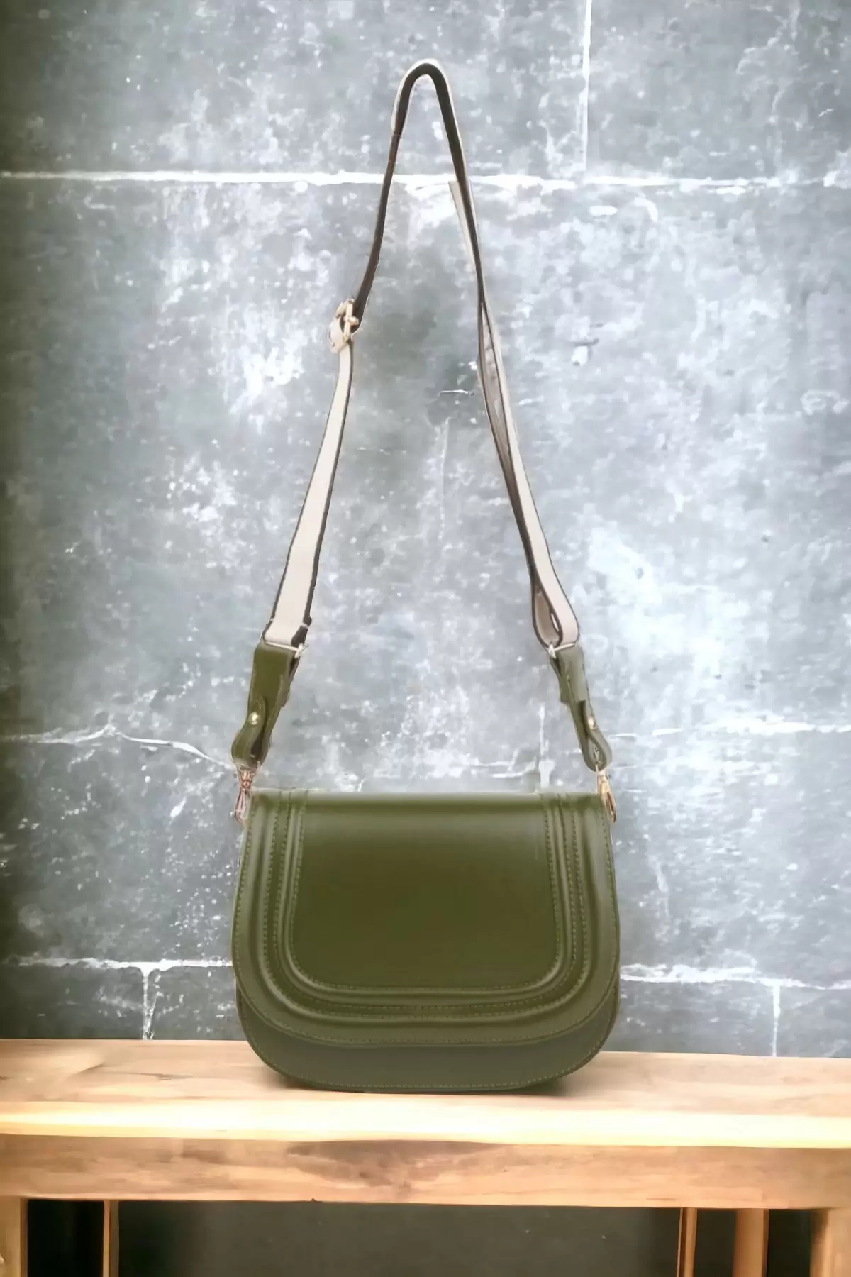 Hola Khaki Skin Canvas Stripe Strap Womens Trendy Shoulder Bag