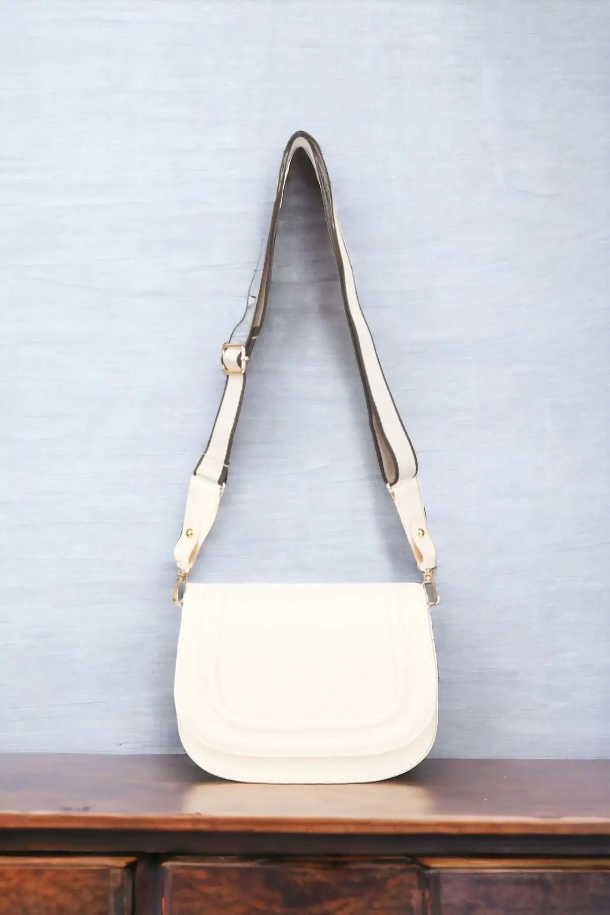 Hola Cream Skin Canvas Stripe Strap Womens Trendy Shoulder Bag
