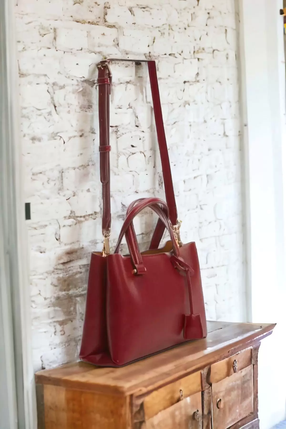 Umai Double Eyed Snap Closure Burgundy Skin Mini Trendy Womens Hand and Shoulder Bag