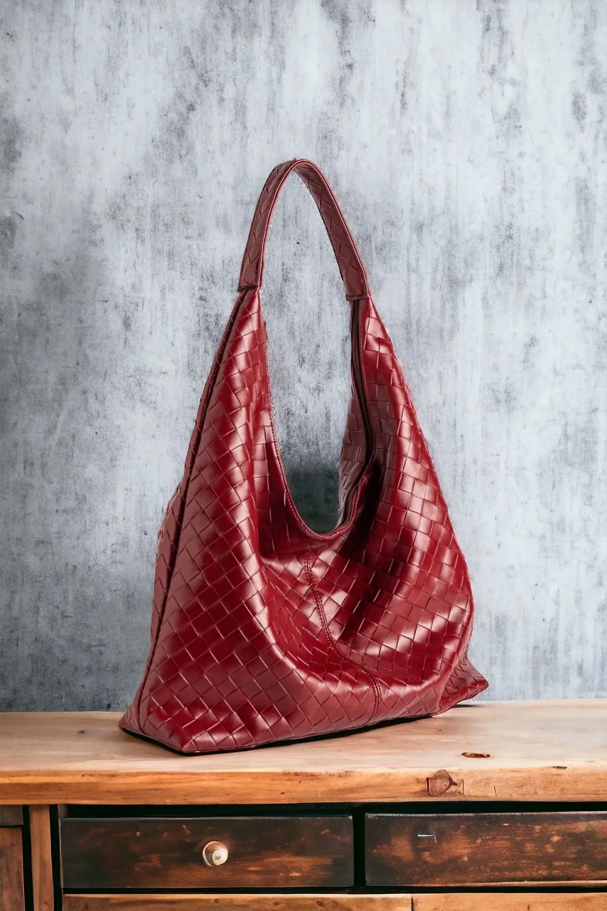 Liya Bordo Örgü Desen Shopper Kadın Omuz Çantası