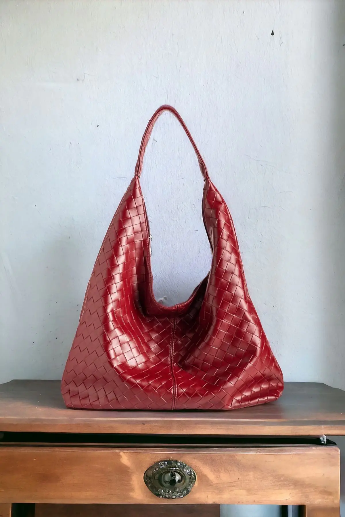 Liya Bordo Örgü Desen Shopper Kadın Omuz Çantası