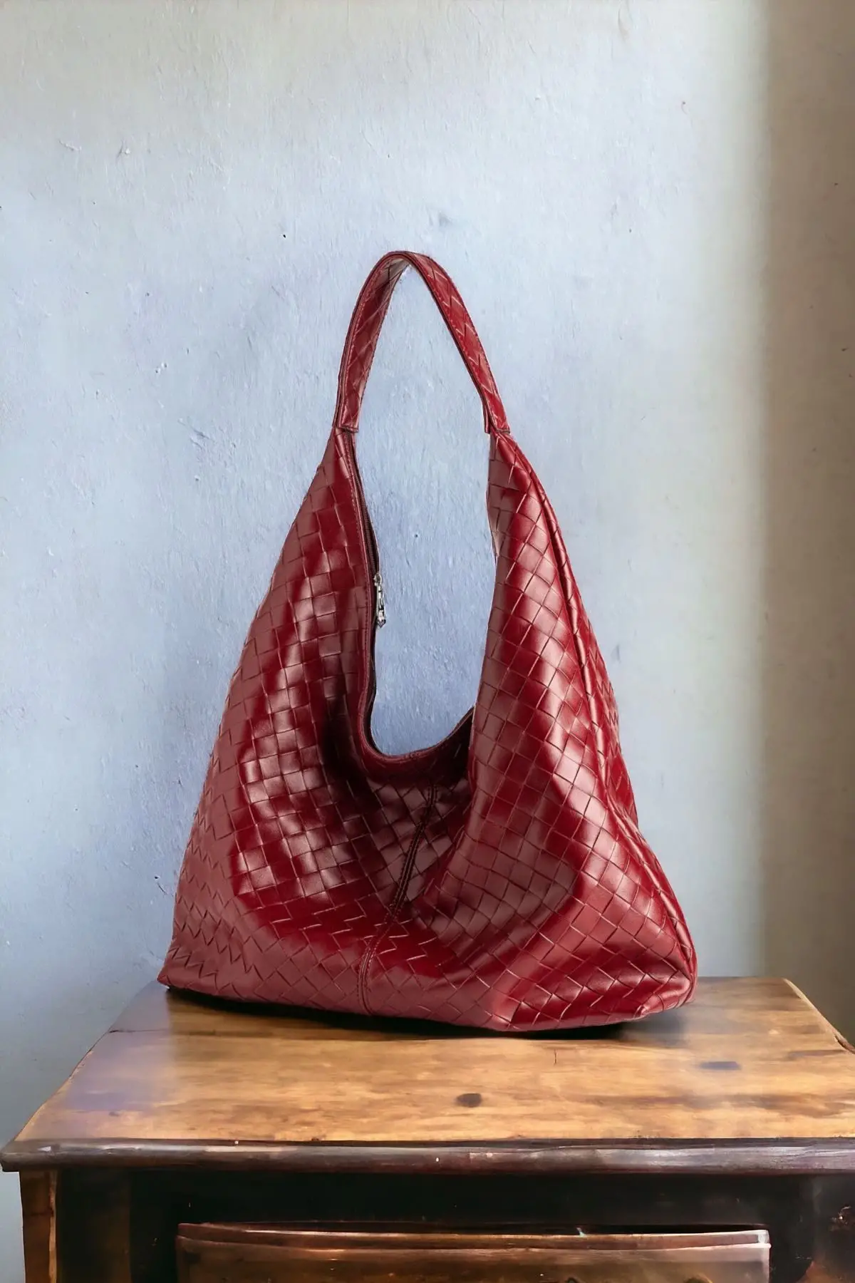 Liya Bordo Örgü Desen Shopper Kadın Omuz Çantası