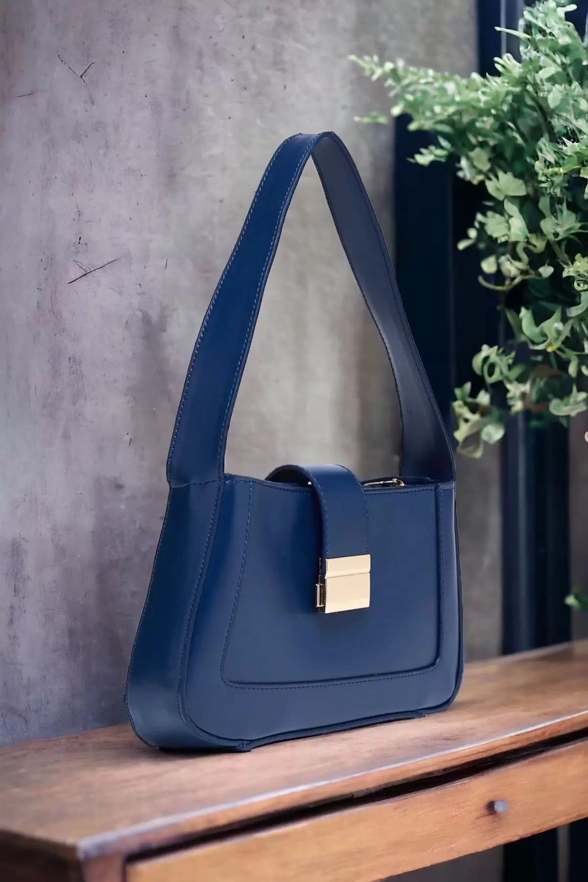 Lena Navy Blue Metal Buckle Baguette Womens Hand and Shoulder Bag