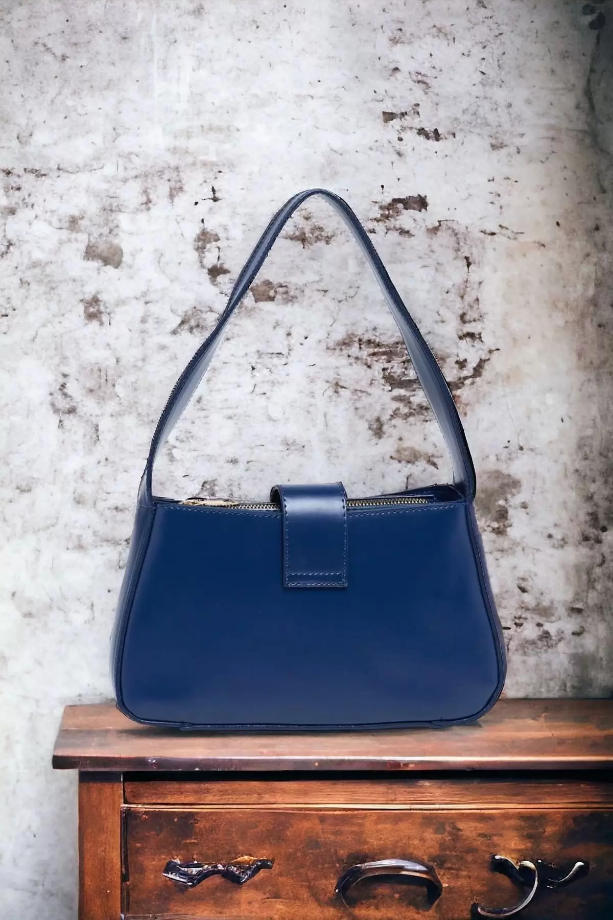 Lena Navy Blue Metal Buckle Baguette Womens Hand and Shoulder Bag