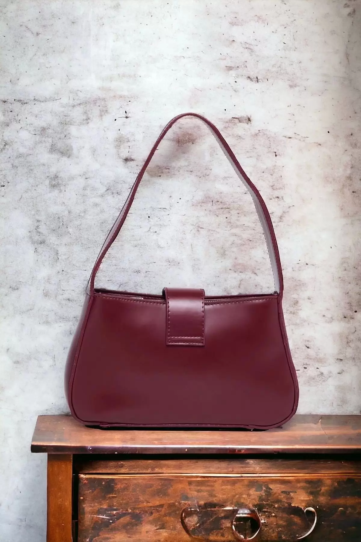 Lena Burgundy Metal Buckle Baguette Womens Hand and Shoulder Bag