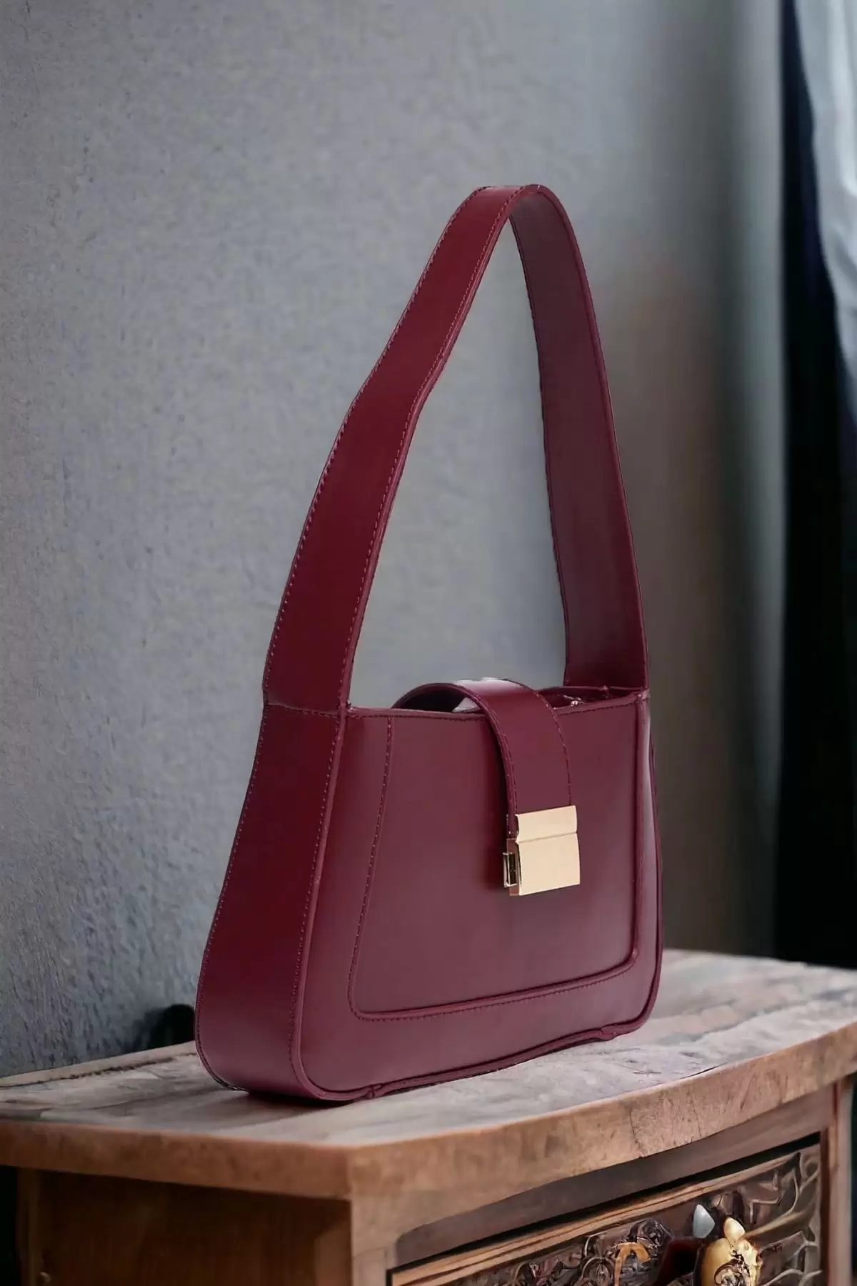 Lena Burgundy Metal Buckle Baguette Womens Hand and Shoulder Bag
