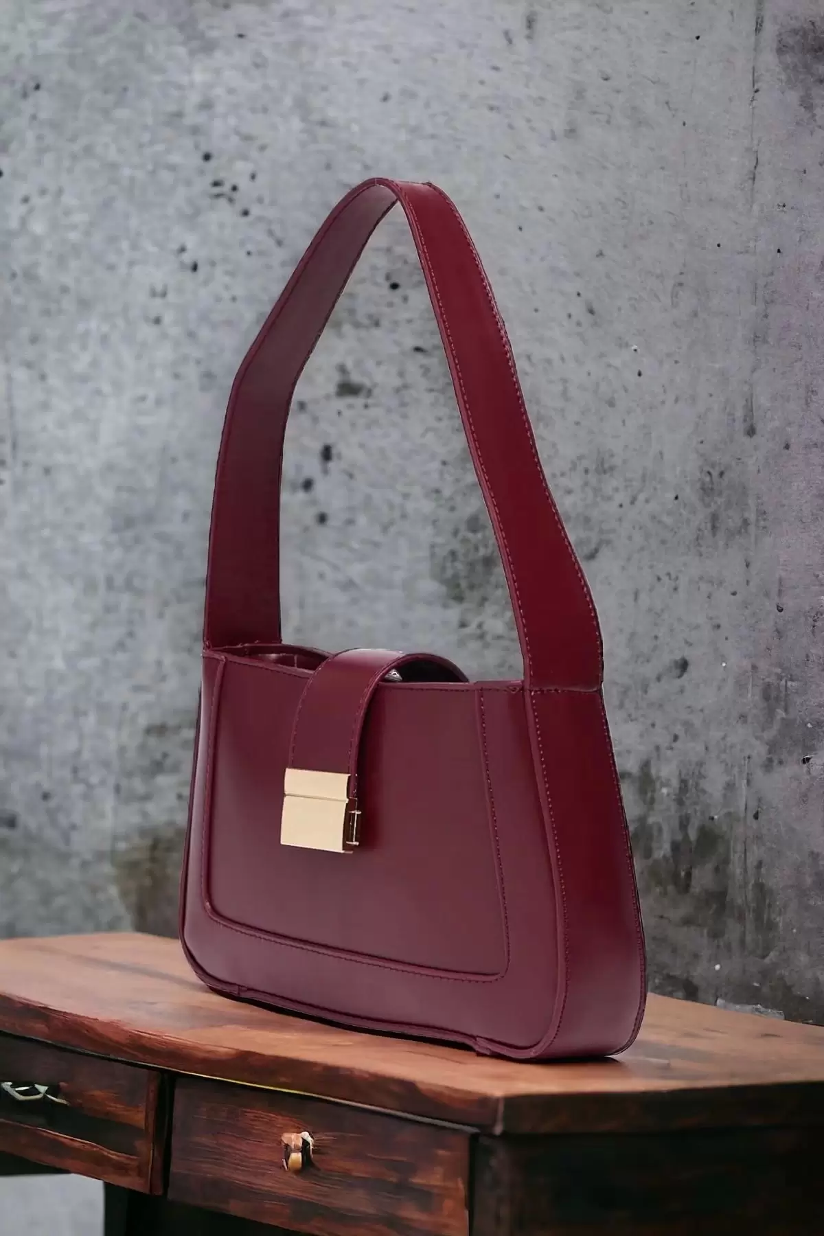 Lena Burgundy Metal Buckle Baguette Womens Hand and Shoulder Bag
