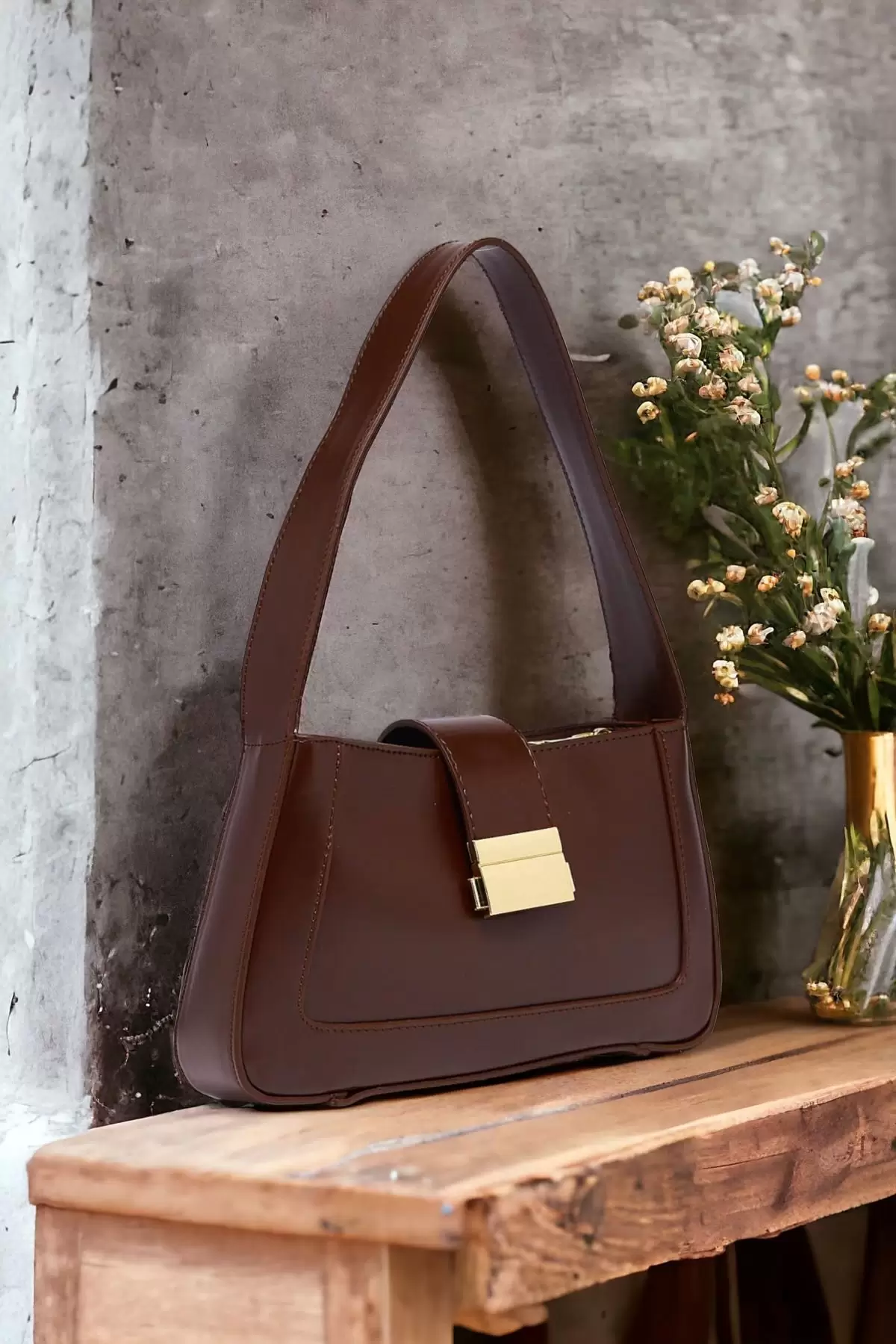 Lena Bitter Brown Baguette Womens Hand and Shoulder Bag with Metal Buckle