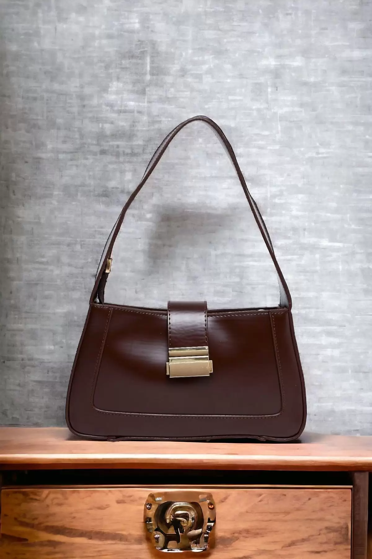 Lena Bitter Brown Baguette Womens Hand and Shoulder Bag with Metal Buckle