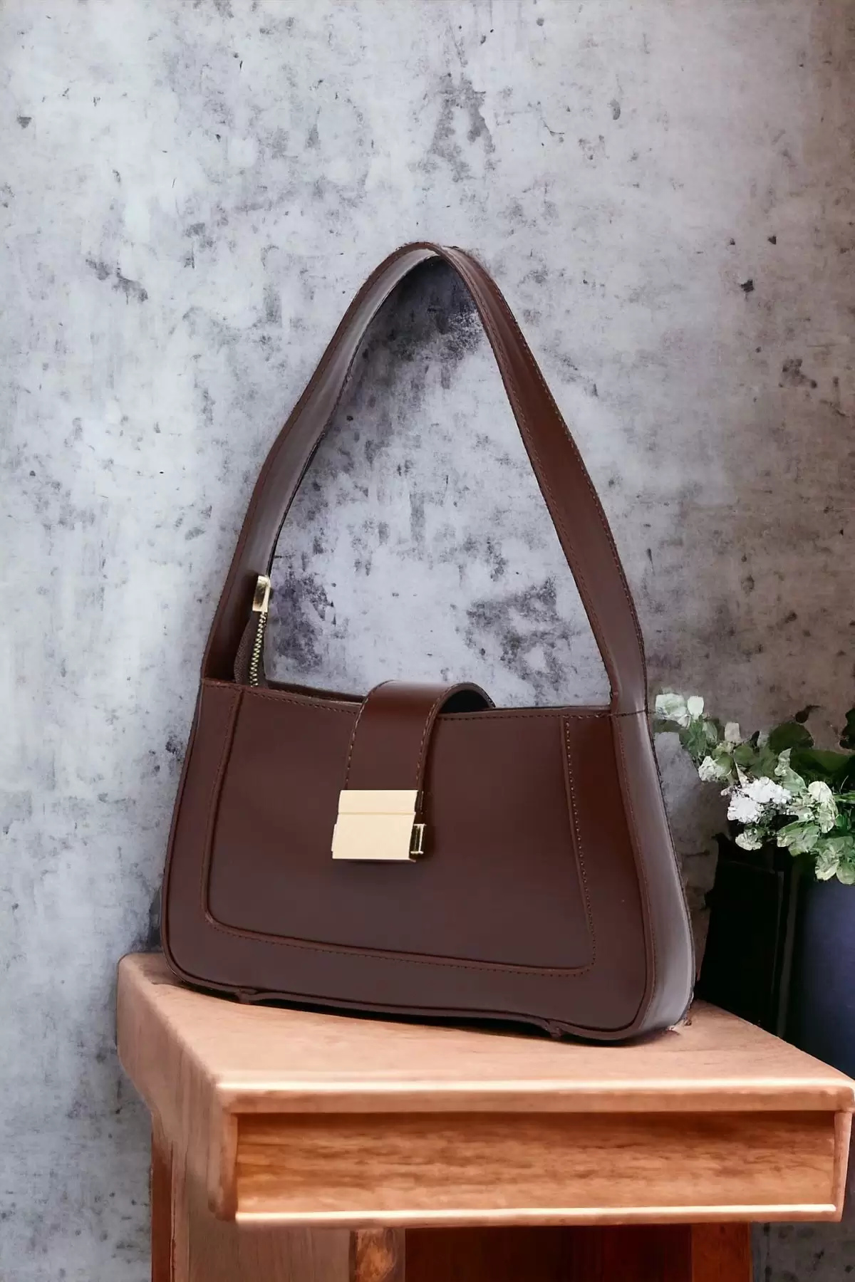 Lena Bitter Brown Baguette Womens Hand and Shoulder Bag with Metal Buckle