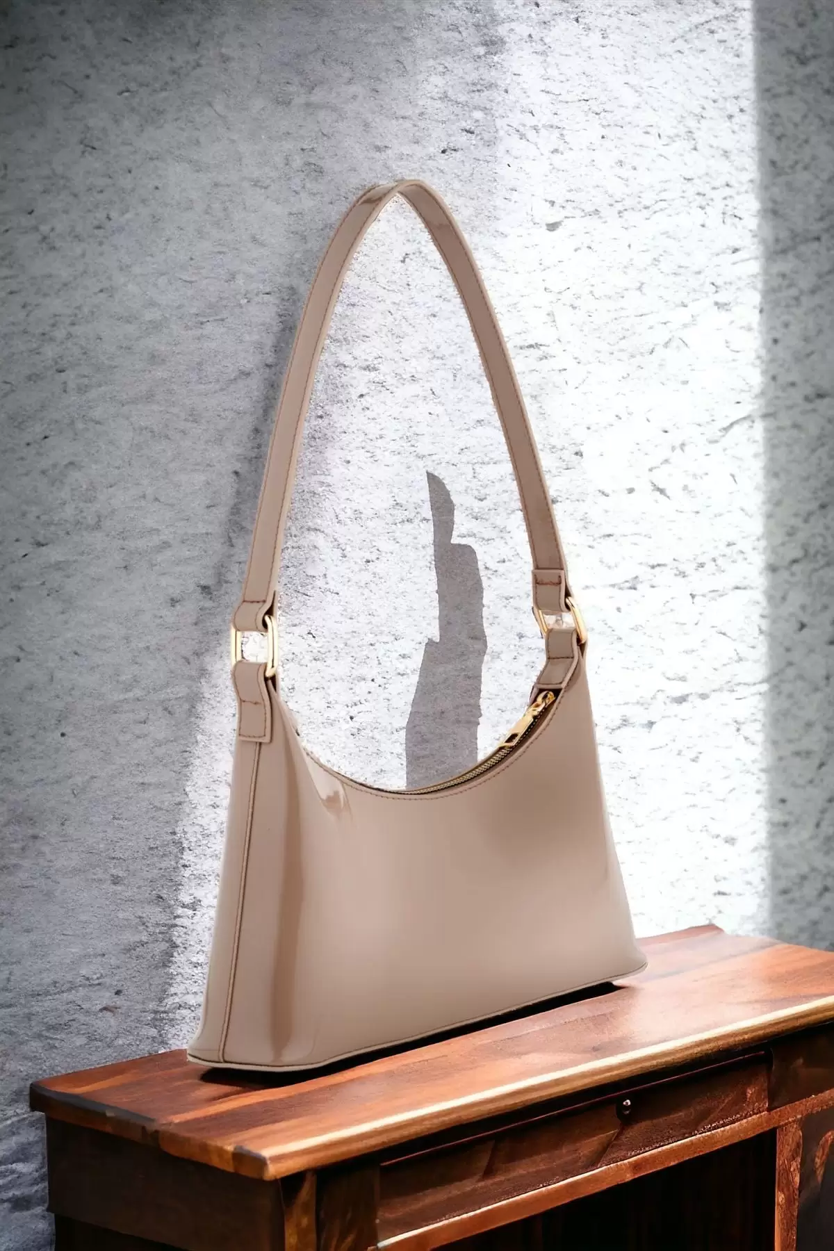 Cherry Mink Shiny Patent Leather Baguette Womens Shoulder Bag