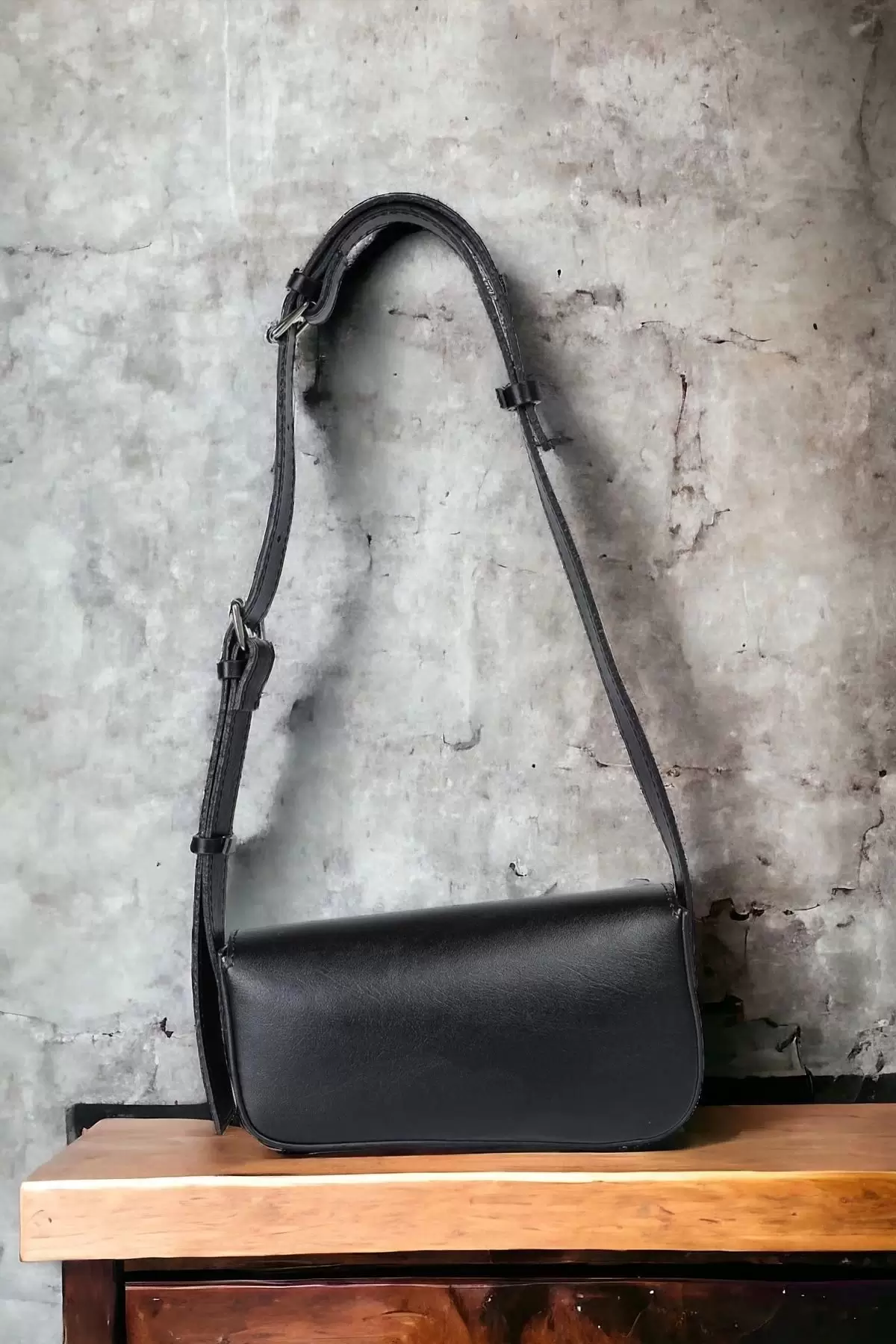 Becha Black Matte Asymmetrical Womens Baguette Shoulder Bag