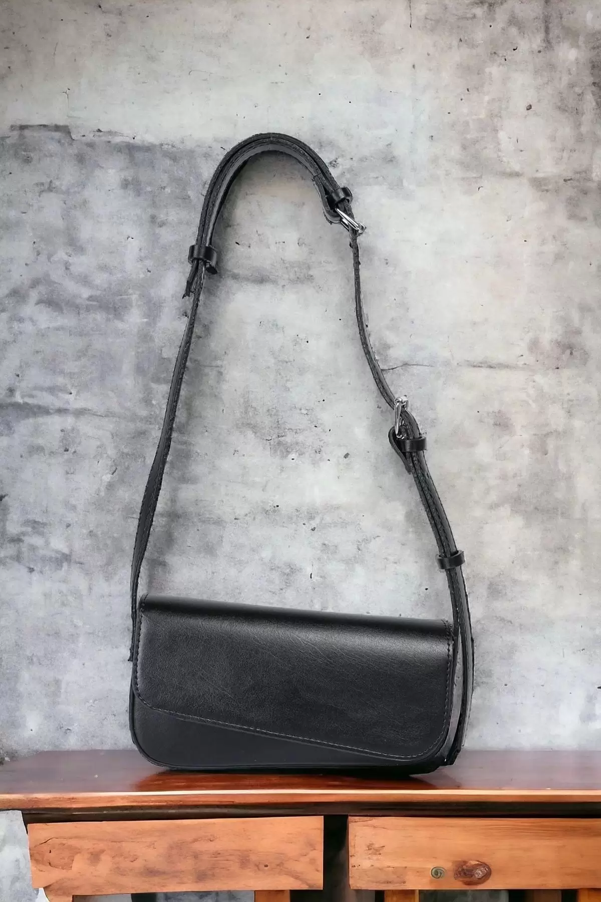 Becha Black Matte Asymmetrical Womens Baguette Shoulder Bag