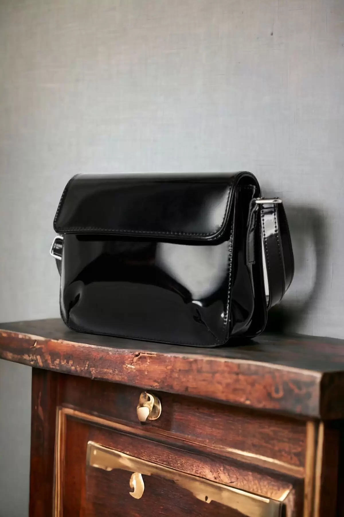 Majeste Black Shiny Patent Leather Womens Shoulder Bag